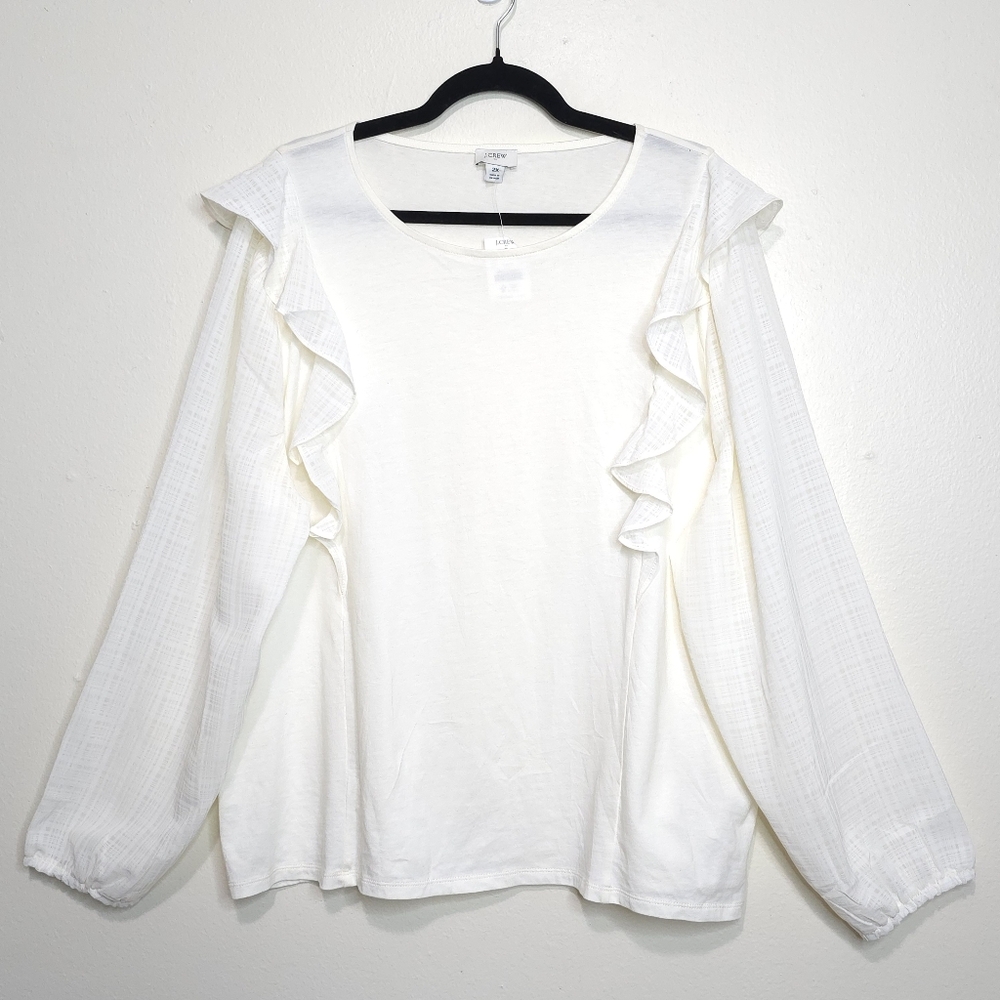 NWT J.Crew Ruffle-Shoulder Top NWT 2X Ivory Plaid Jacquard Bubble Sleeves - Picture 1 of 10